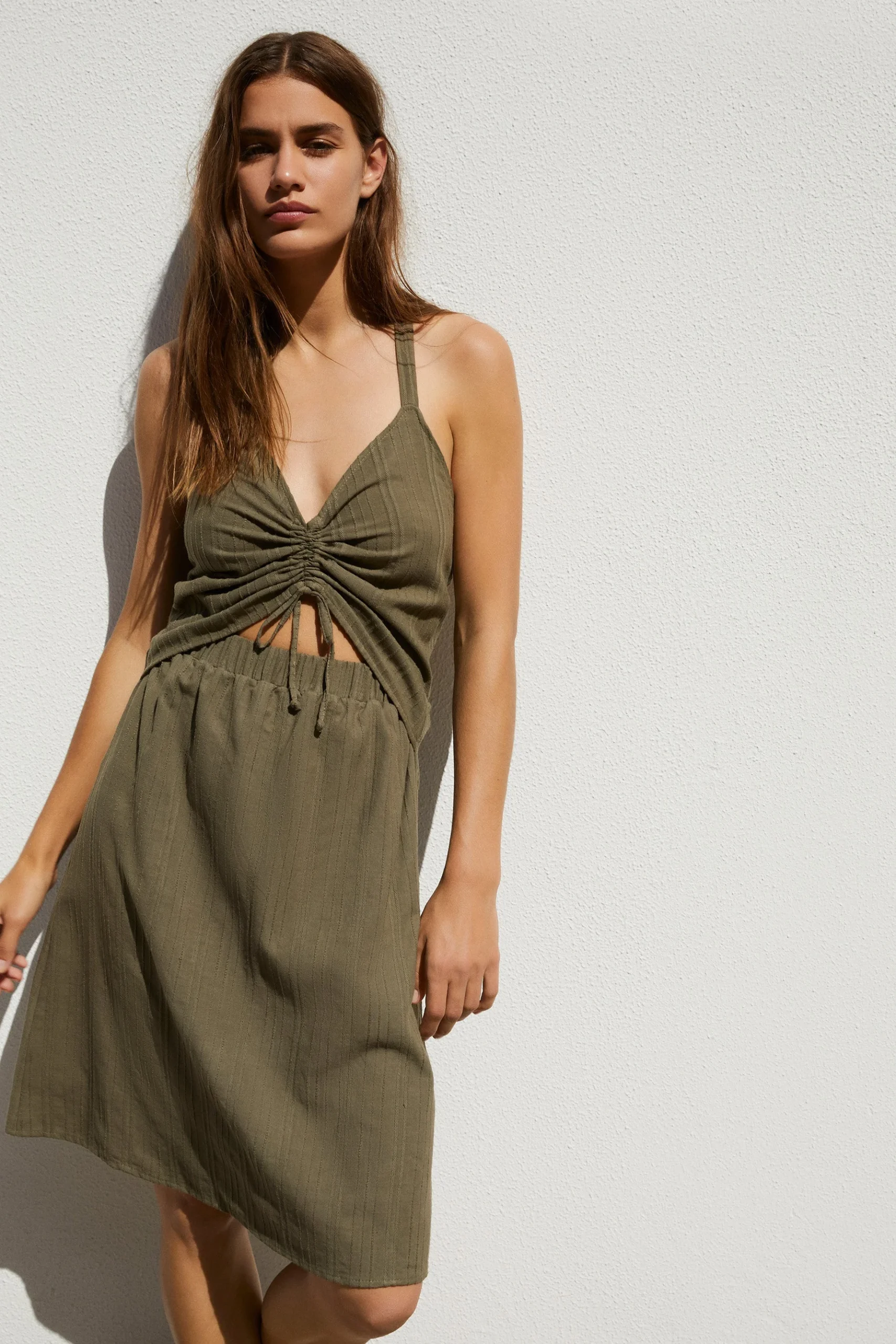 Ponza Ruched Front Cut Out Dress in Khaki