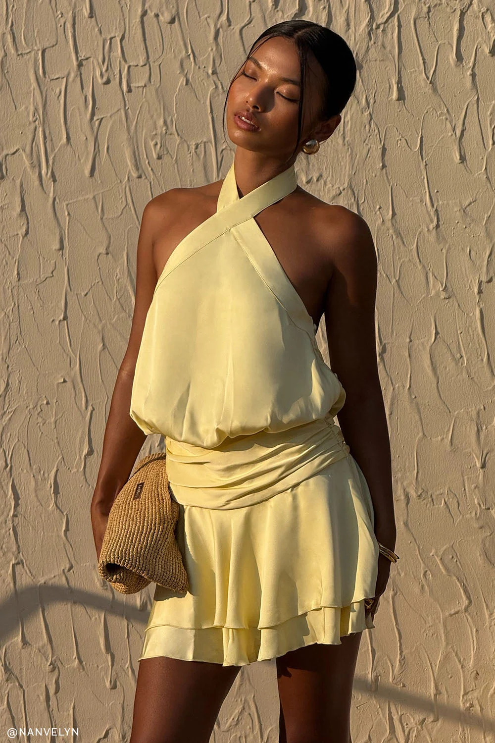 PoppySatin Halter Mini Dress - Lemon