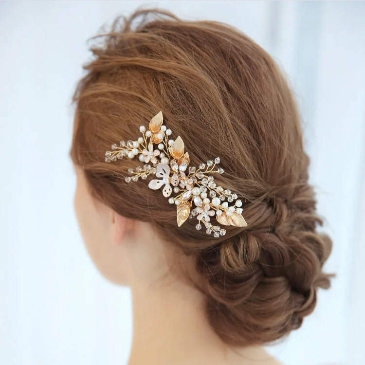 Pretty Gold Floral Crystal Wedding Hair Accessories