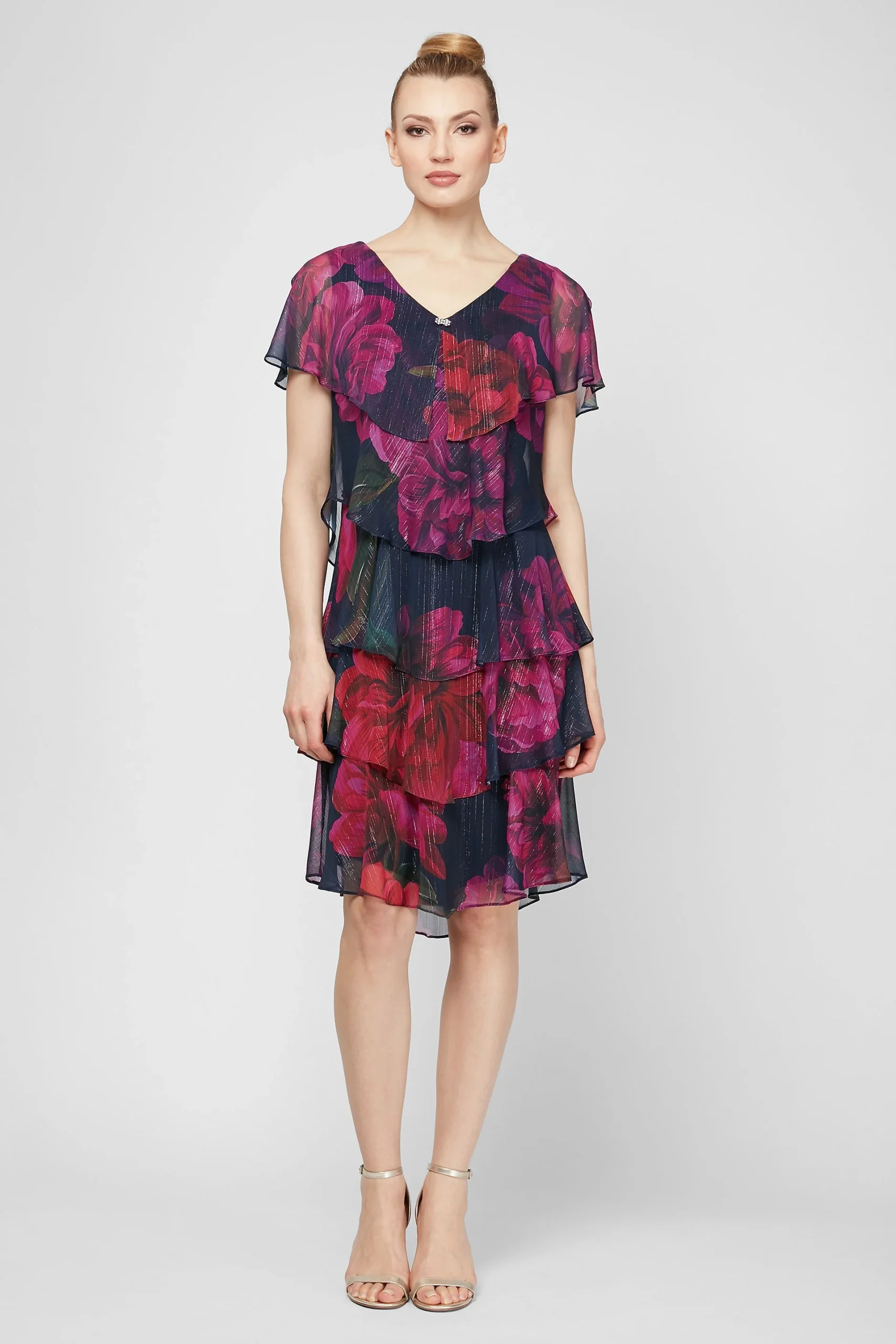 Printed Tiered Chiffon Dress with Jeweled Neck