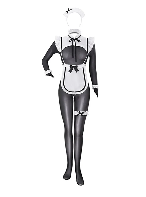 Private Maid Outfit Halloween Exposed Chest Exposed Hips Black Open Crotch See-Through Bodysuit White Apron Sexy Lingerie Set