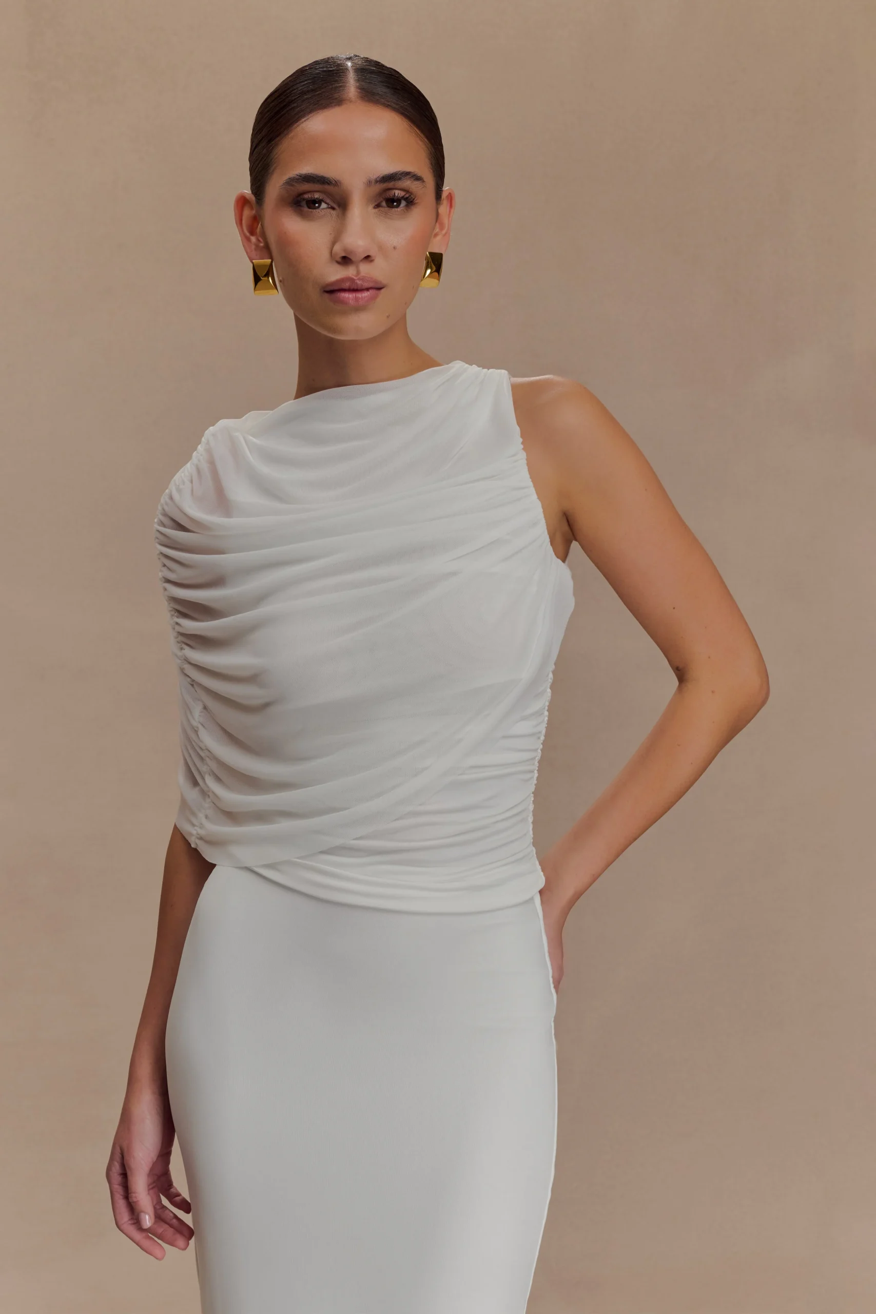 PruedanceFINAL SALESlinky Draped Top With Mesh Overlay - White