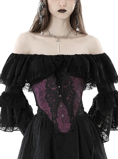 Purple Luxurious Lace Print Lace Up Sides Gothic Palace Corset