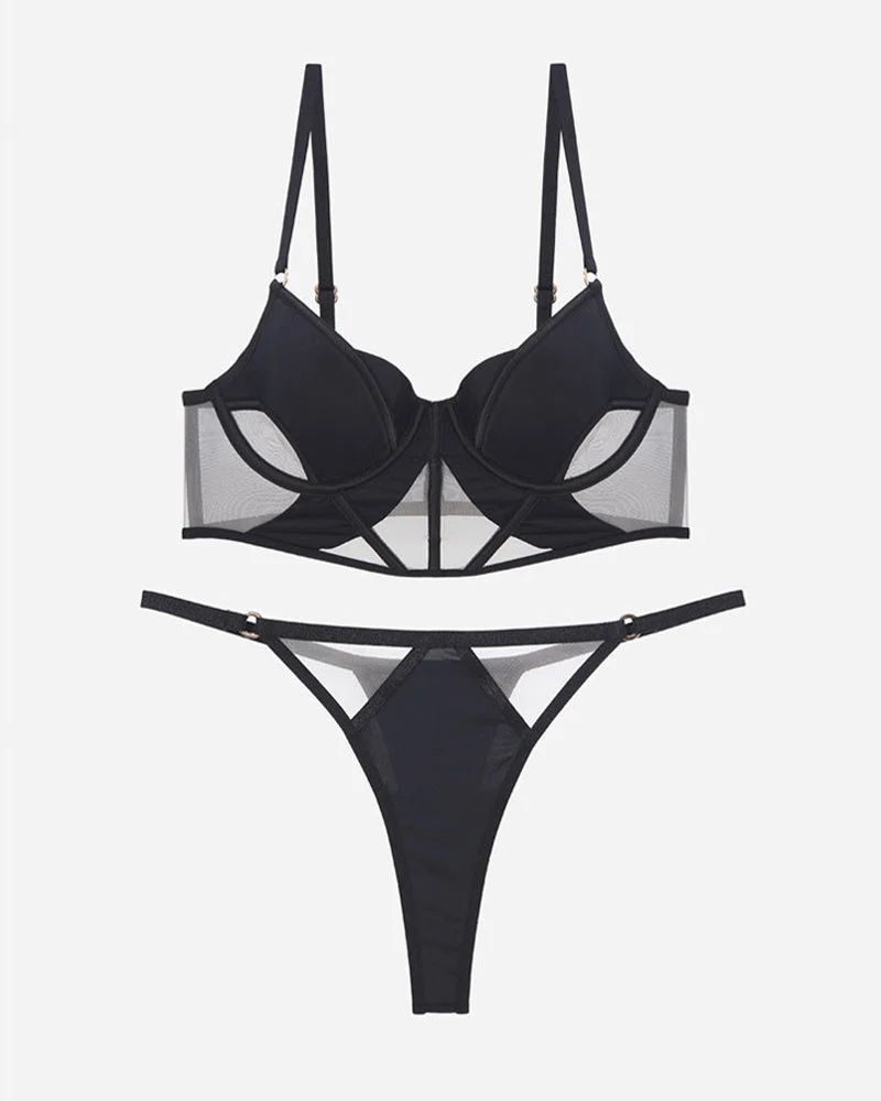 Push Up Mesh Hollow Bra and Thong Set