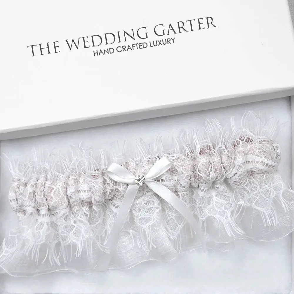 Rachel White Chantilly Lace Pink Bridal Garter