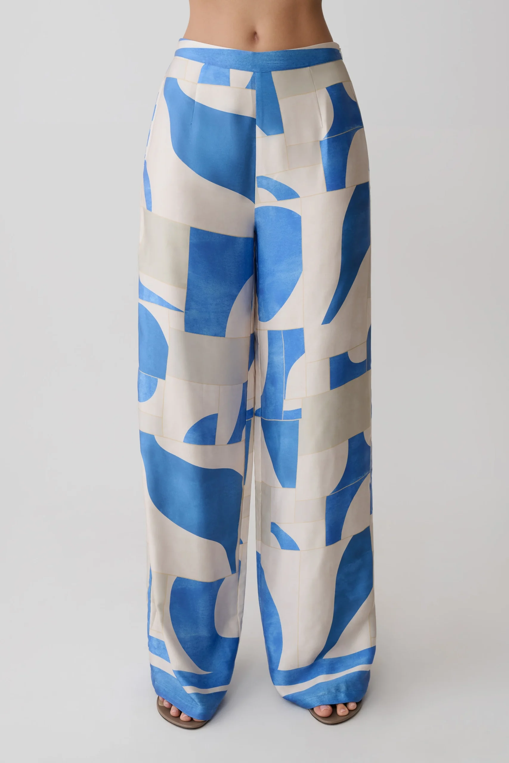RachelSatin Straight Leg Pants - Blue Geo Tile Print
