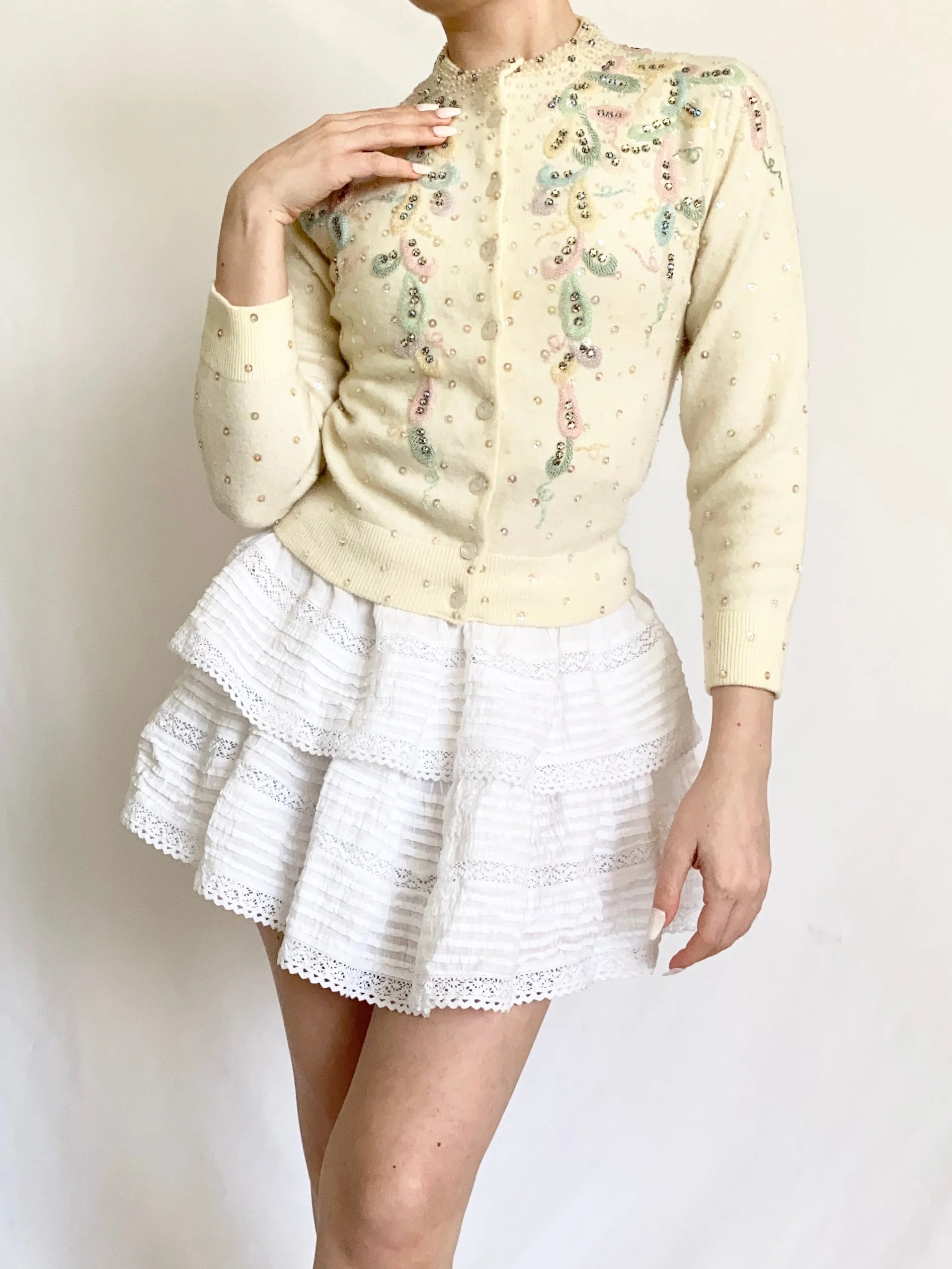 Rainbow Sherbert 1950s Hand Beaded Cardigan (XS-XXS)