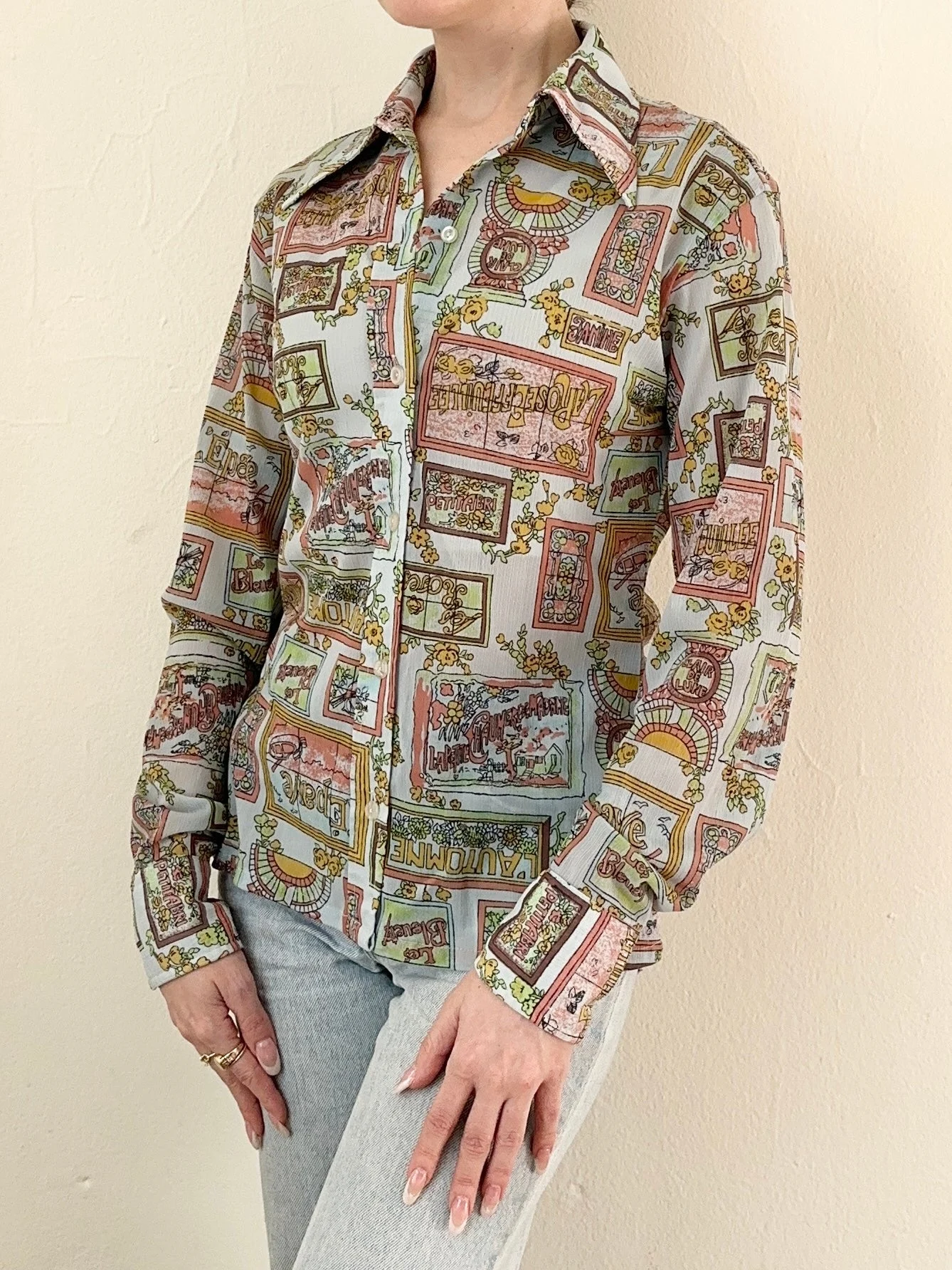 Rare 1970s Stained Glass Window Illustration French Disco Print Novelty Blouse (XS)