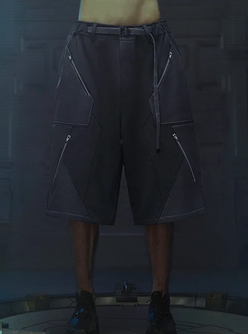 Raven Series Shadow Blue Summer Functional Style Splicing Mesh Fabric Loose Street Cyberpunk Suit Short Pants