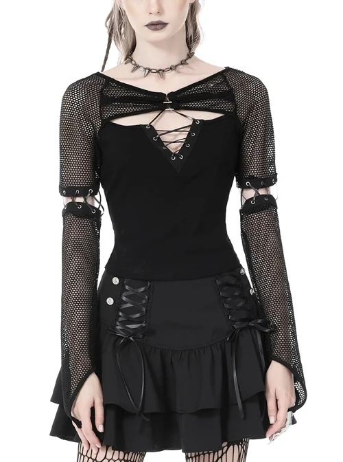 Rebellious Black Rope Panel Detachable Cutout Mesh Gothic Top