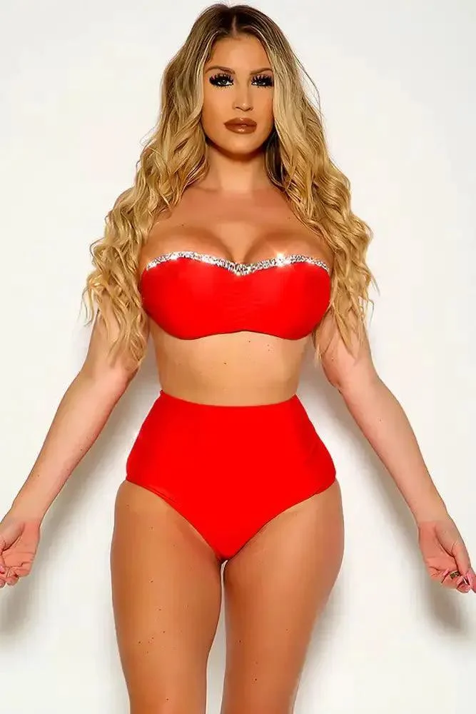 Red Bandeau Rhinestone High Waist Two Piece Swimsuit
