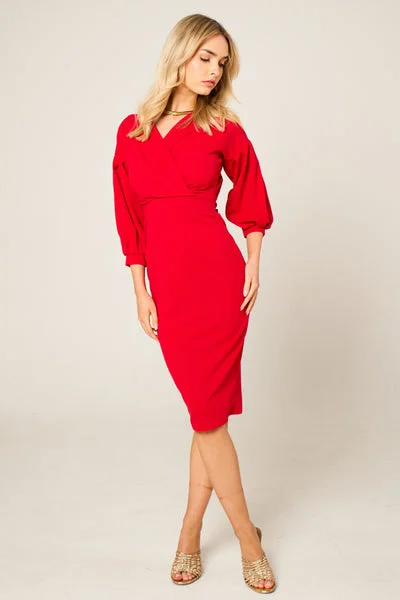 Red Belted Bodycon Midi Dress- Angelica