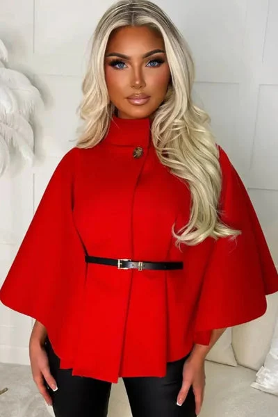 Red Belted High Neck Cape Coat - Vivienne