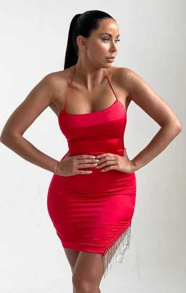 Red Diamante Tassel Split Satin Mini Dress - Bia