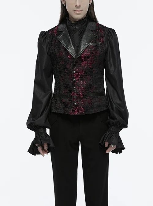Red Exquisite Non Stretch Jacquard Twill Faux Leather Back Waist Pattern Decorative Loop Design Gothic Style Skull Vest