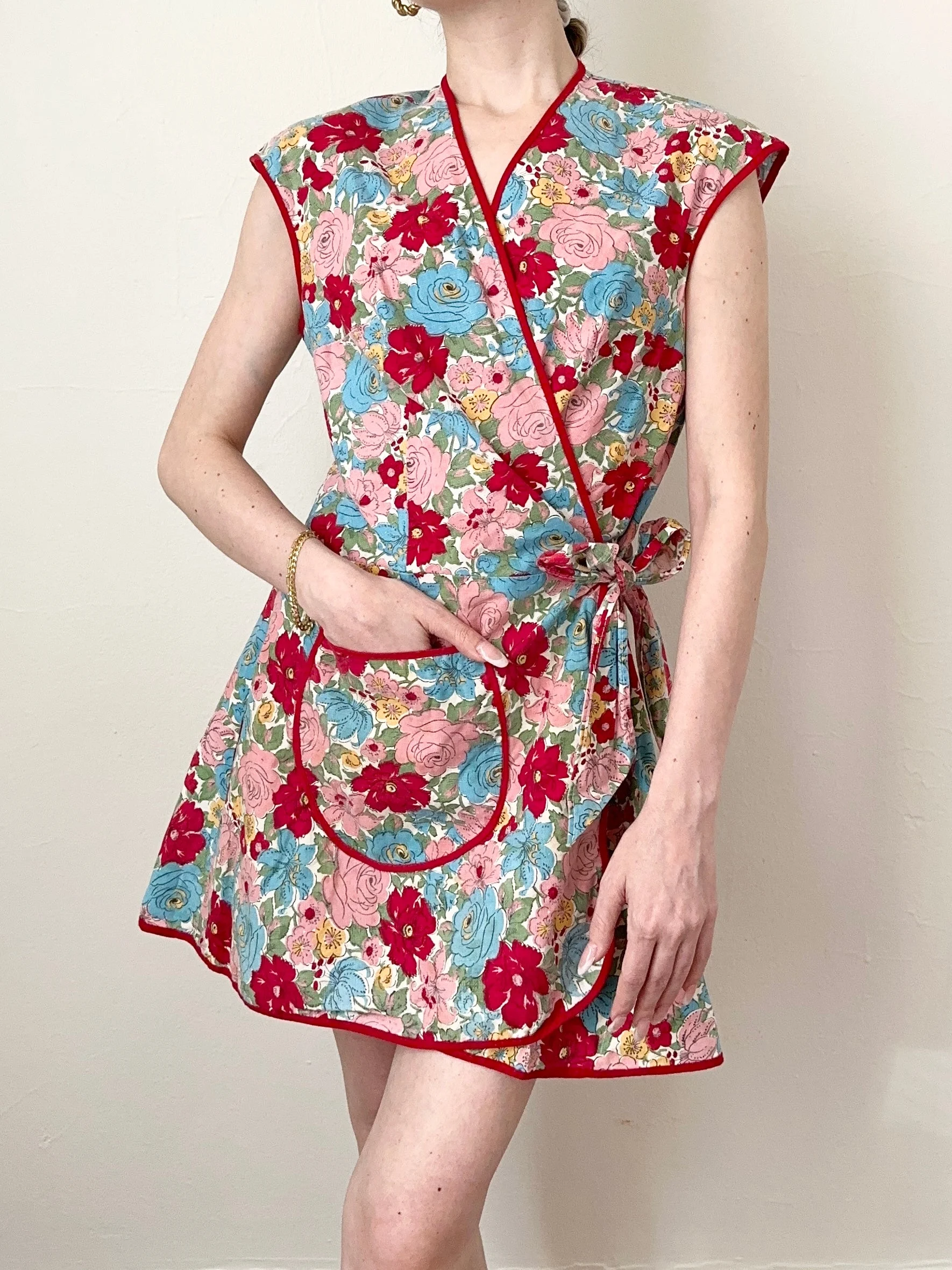 Red Floral Handmade Vintage Apron Cotton Wrap Dress (S)