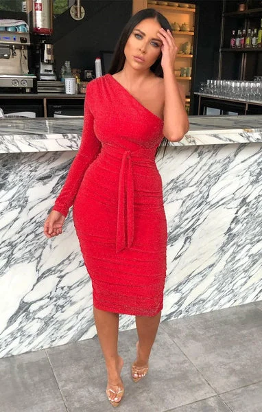 Red Glitter One Shoulder Midi Dress - Mabel