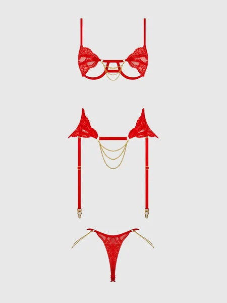 RED LACE & CHAIN BRA, GARTER & G-STRING SET