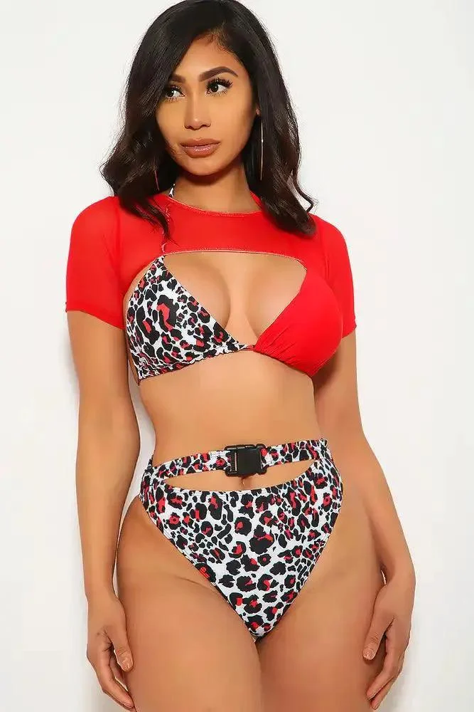 Red Leopard Print Belted Two Piece Swimsuit