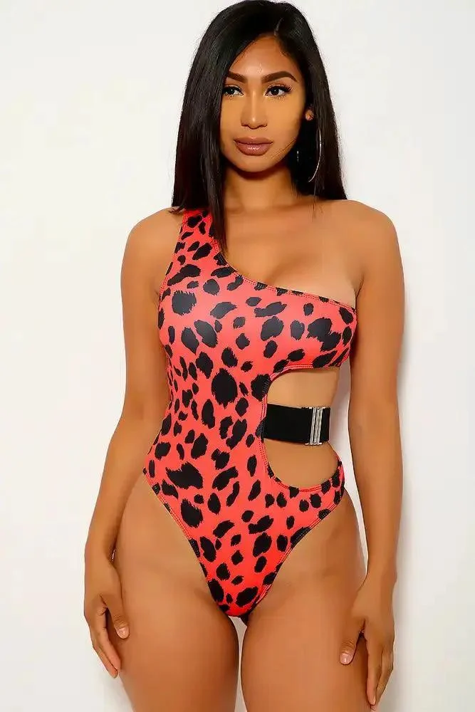 Red Leopard Print Cut Out One Piece Swimsuit