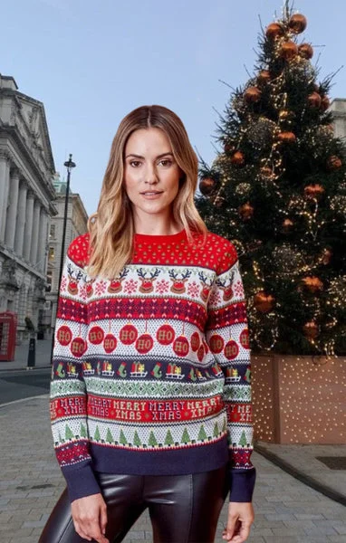 Red Multi ‘Ho Ho Ho’ Reindeer Print Christmas Jumper - Tinsley