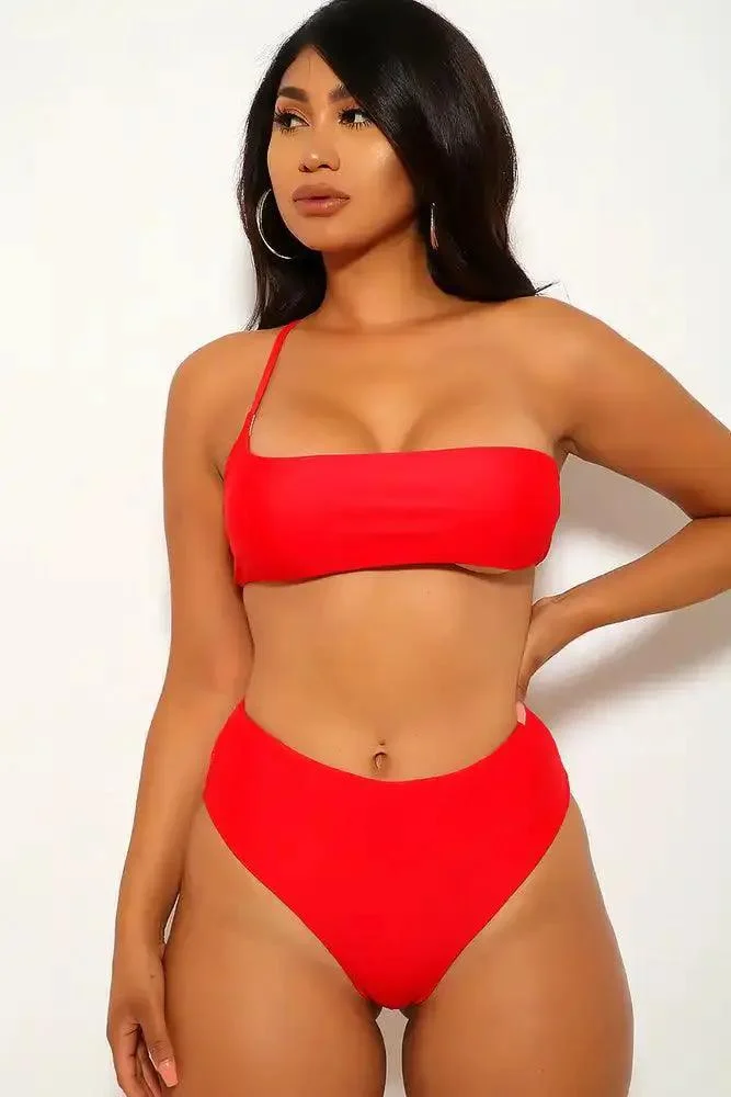 Red One Shoulder Two Piece Swimsuit