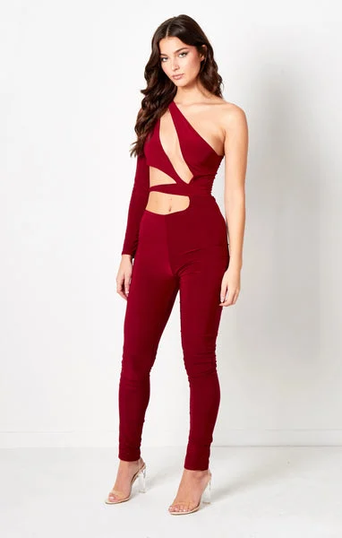 Red One Sleeve Cut Out Jumpsuit - Christina