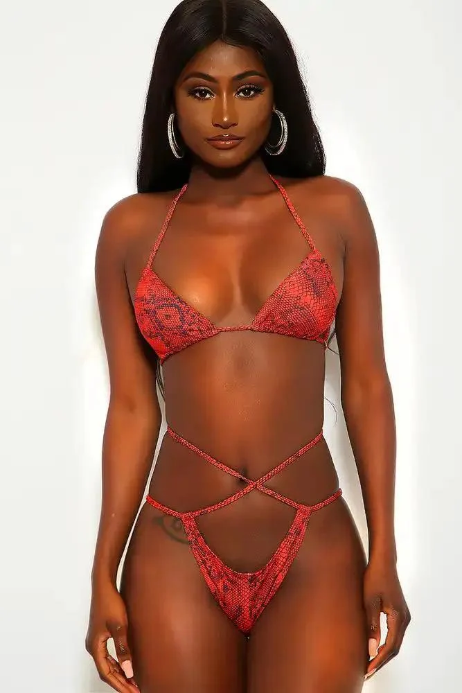 Red Orange Black Strappy Two Piece Swimsuit