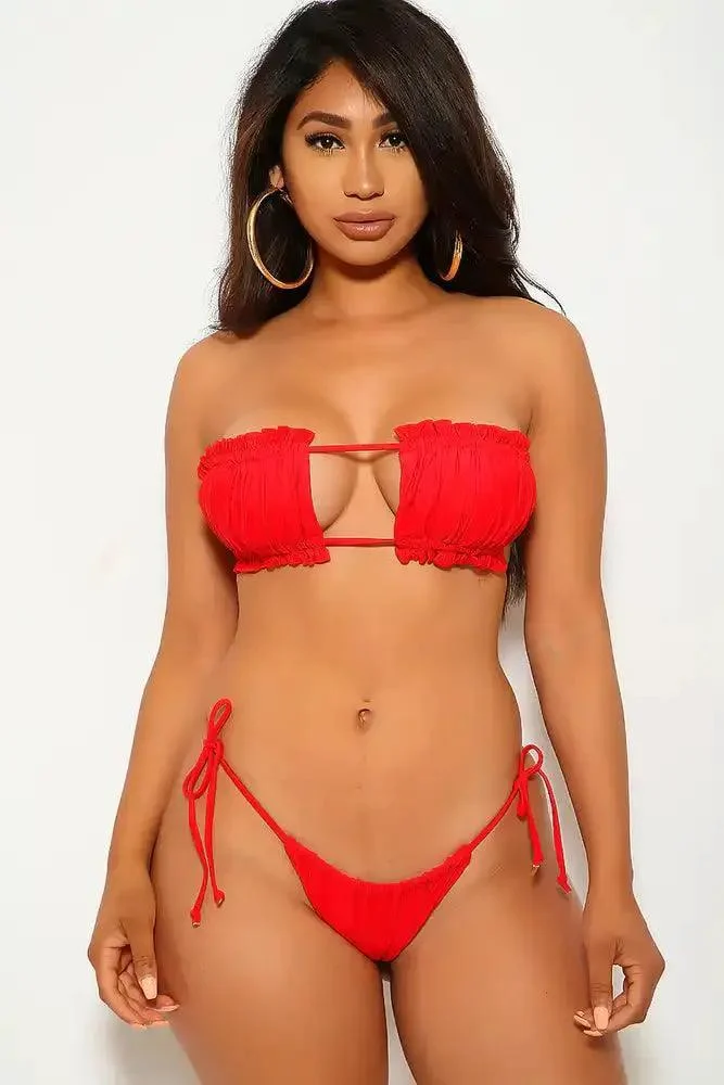 Red Ruffled Bandeau Two Piece Swimsuit