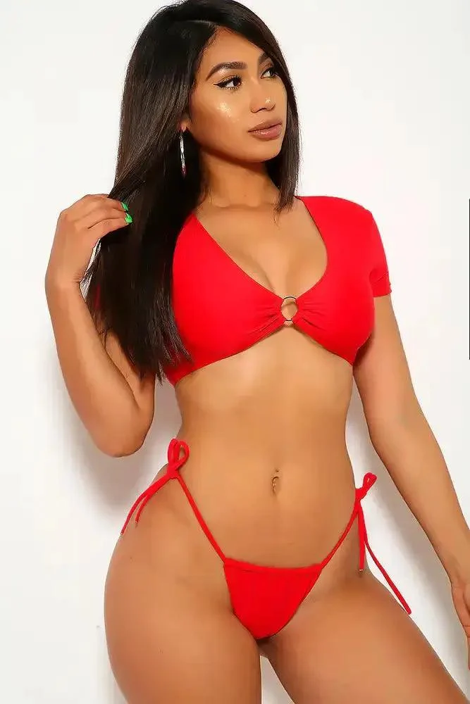 Red Short Sleeve High Waist Cheeky Two Piece Swimsuit