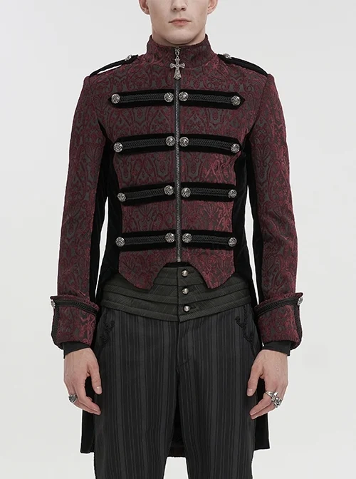 Red Silk Stand Collar Printed Metal Breasted Cross Zipper Back Slit Gothic Vintage Jacket