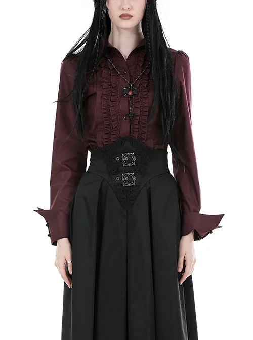 Red Slim Fit Lapel Front Ruffled Gothic Long Sleeved Shirt