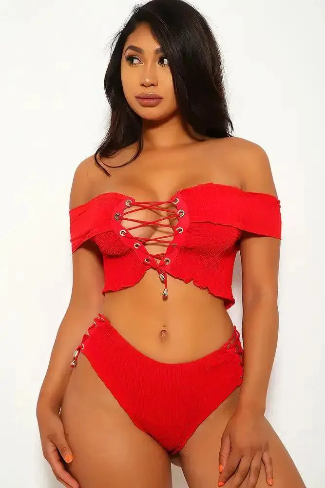 Red Smocked Off The Shoulders High Waist Two Piece Swimsuit