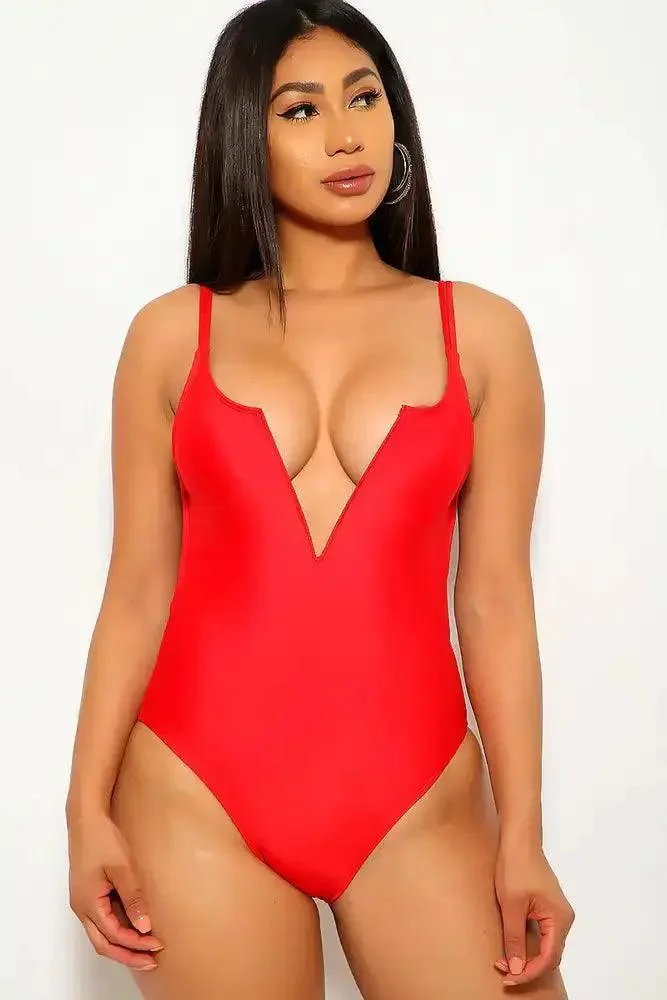Red V-Cut One Piece Swimsuit