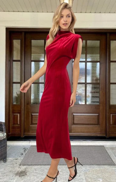 Red Velvet Shoulder Pad Midi Dress- Miea