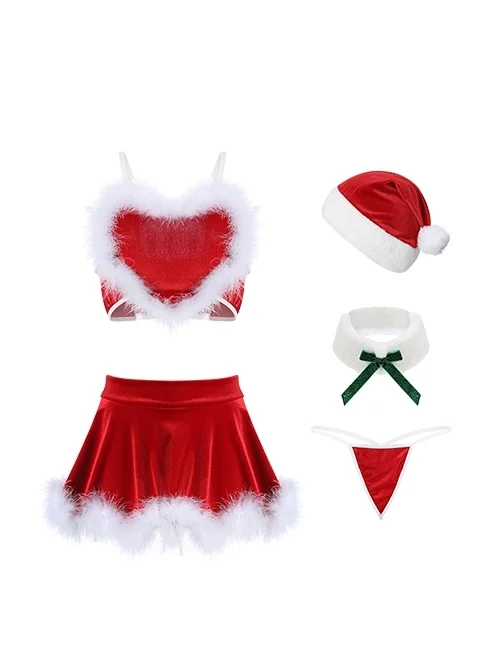 Red Velvet Stitching Feather Heart-Shaped Sweet Sling Split Nightdress Christmas Style Sexy Lingerie Set