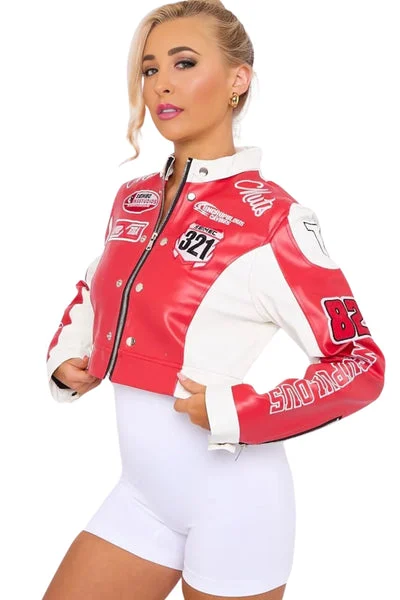 Red & White PU Leather Racer Patch Details cropped Jacket - Robina