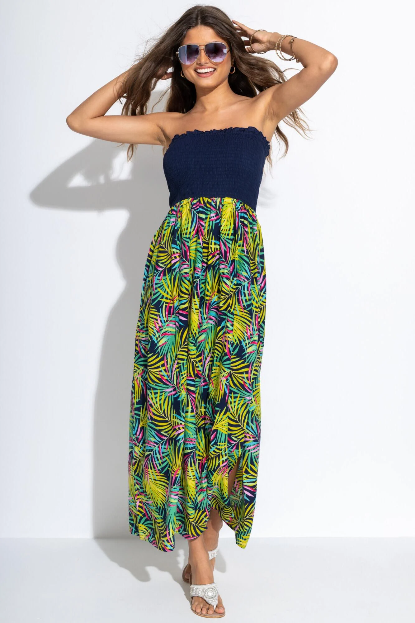 Removable Straps Shirred Split Maxi Dress - Navy Fern