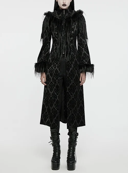 Retro Black Flocked Woven Front Waist With Exquisite Double Row Of Gemstone Hand Sewn Button Design Gothic Style Gorgeous Long Sleeved Coat