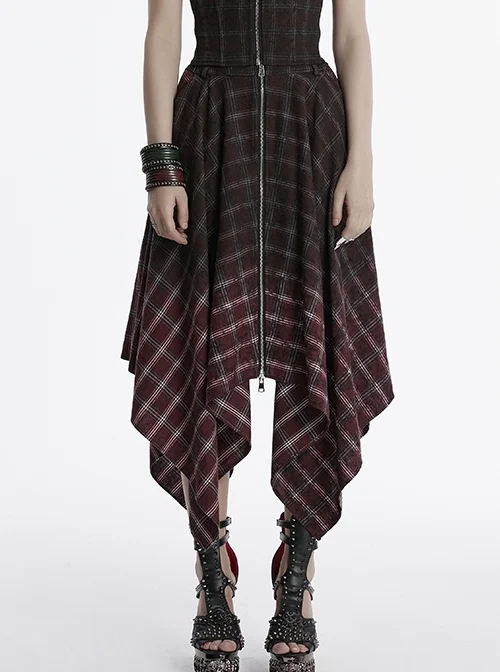 Retro Black Red Gradient Unique Plaid Pattern Irregular Hem Punk Style Skirt