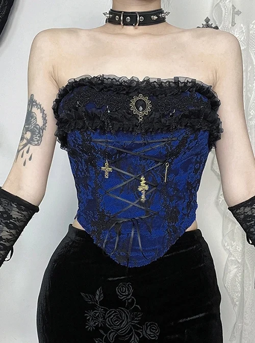 Retro Blue Woven Front Center Exquisite Gem With Cross Decoration Punk Style Lace Versatile Corset