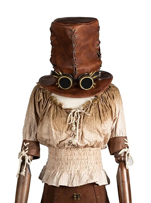 Retro Brown PU Leather Embossed Rope Tall Punk Unisex Top Hat