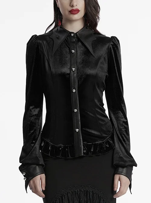 Retro Elegant Black Velvet Unique Bat Collar Exquisite Ruffle Hem Gothic Style Long Sleeves Slim Shirt