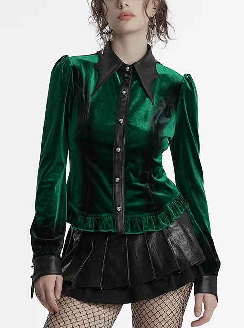 Retro Elegant Green Gradient Print Unique Bat Collar Ruffle Design Gothic Style Long Sleeves Shirt