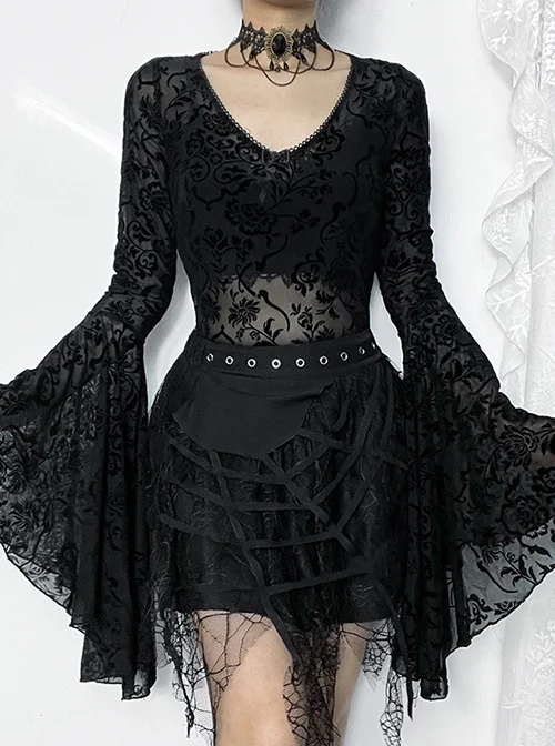 Retro Elegant Slim Black Dark Pattern Flocking Gothic Style Flared Long Sleeves Top