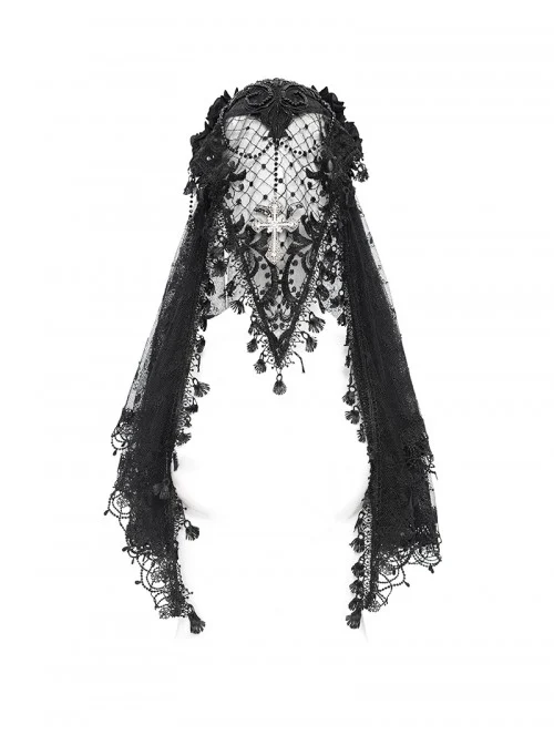 Retro Gorgeous Black Lace Mesh Spliced Elegant Beaded Decoration Gothic Style Exquisite Veil