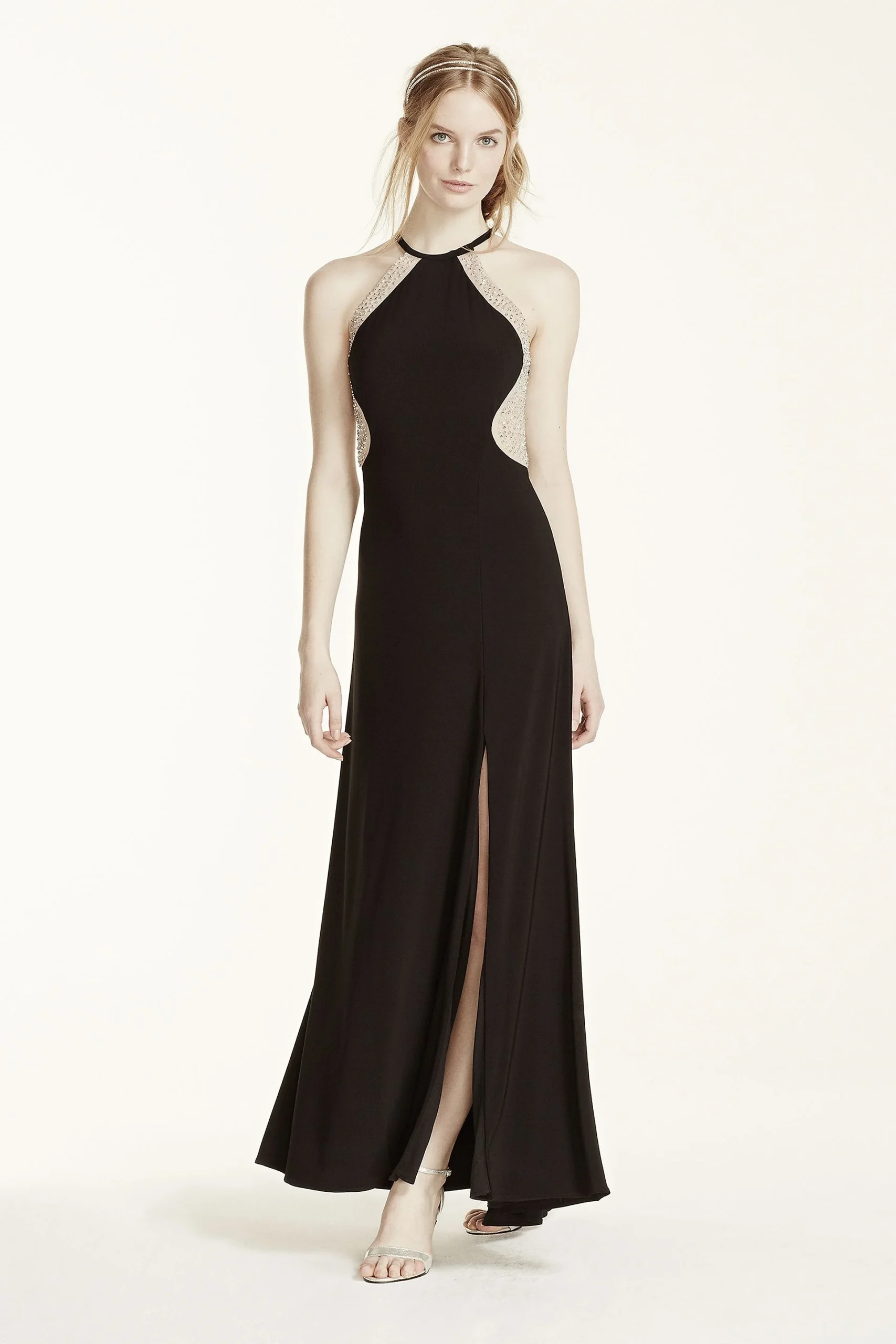 Rhinestone Embellished Illusion Back Halter Dress