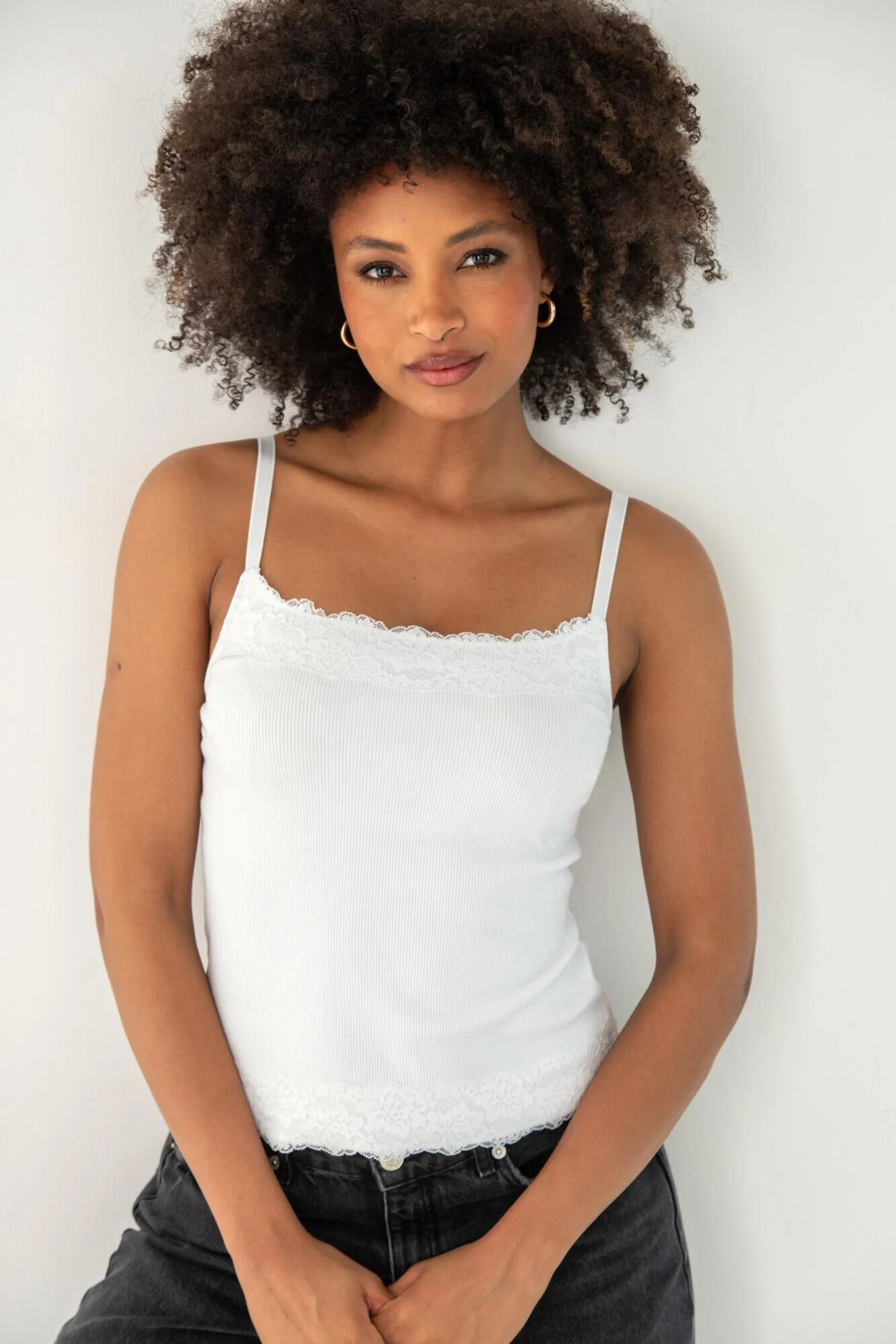 Ribbed Cotton Lace Trim Hidden Bra Cami Top - White