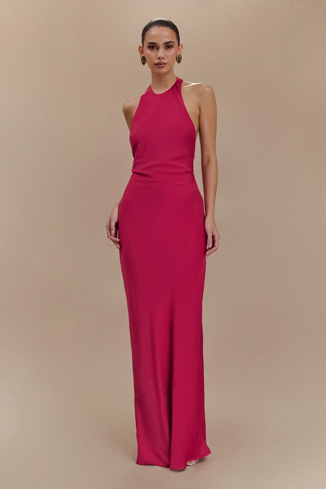 RinnaFINAL SALESatin Halter Maxi Dress - Pink Cherry