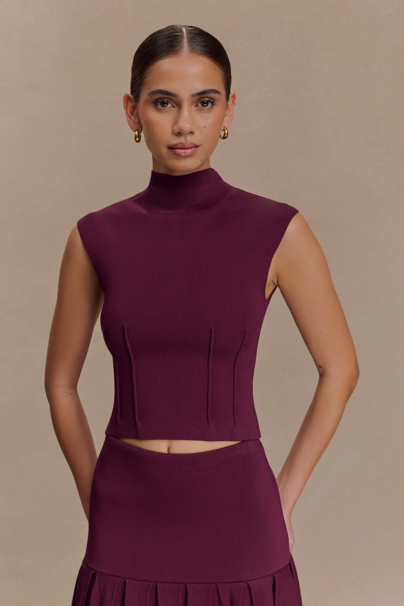 RomaineHigh Neck Bandage Knit Top - Wine